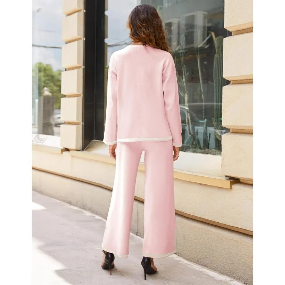 Women's Pink Long Sleeve Knit Sweater Top & Wide Leg Pants Lounge Set